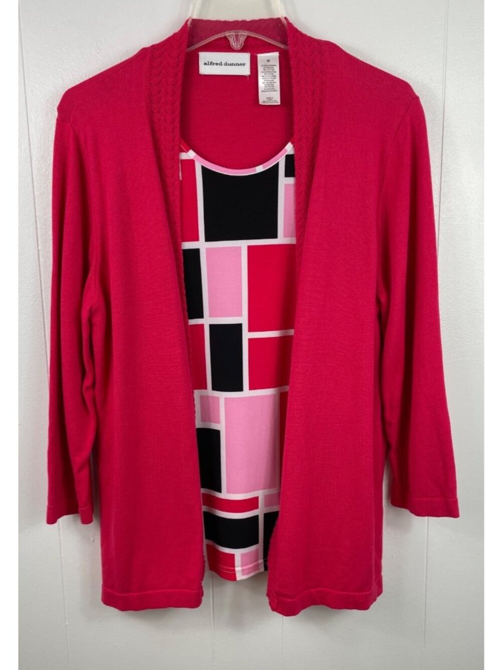 Alfred Dunner Womens Pink 2 Piece Knit Cardigan Geometric Print Tank Top Size M